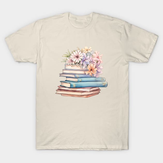 Floral Stack Books T-Shirt by Pastel Craft